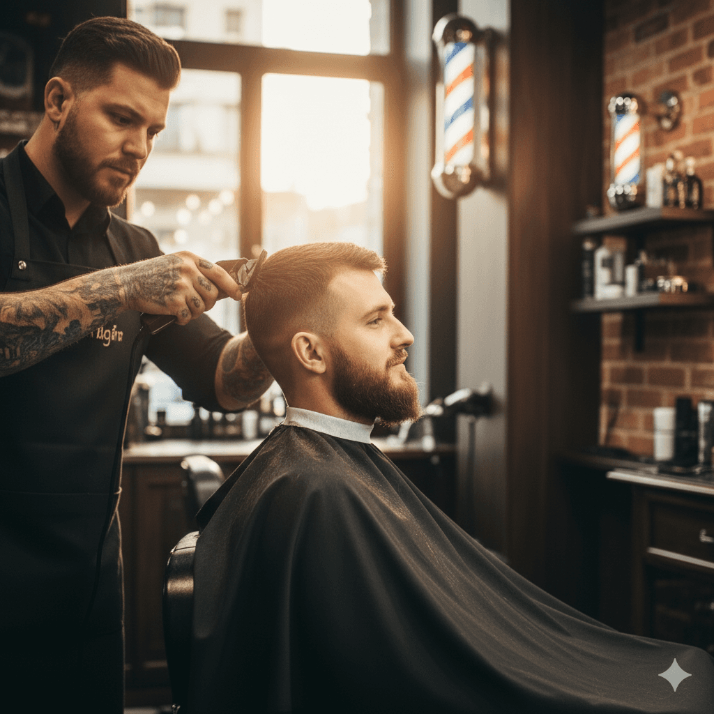 Client satisfait recevant une coupe de cheveux chez Barber Co.