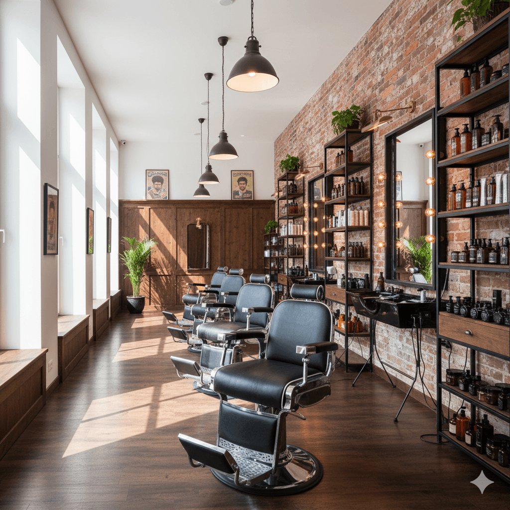 Vue panoramique de l'intérieur moderne du salon Barber Co.